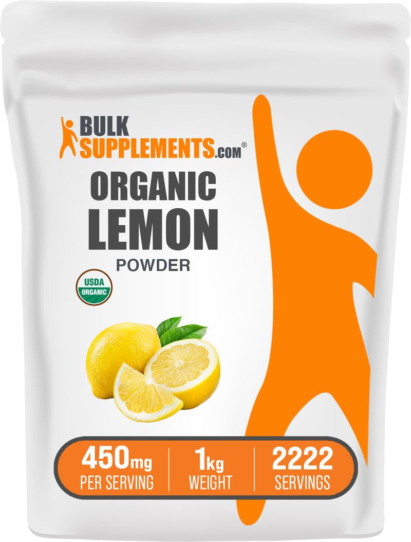 BulkSupplements Organic Lemon Powder bottle close-up highlighting gluten-free formula for cooking and baking