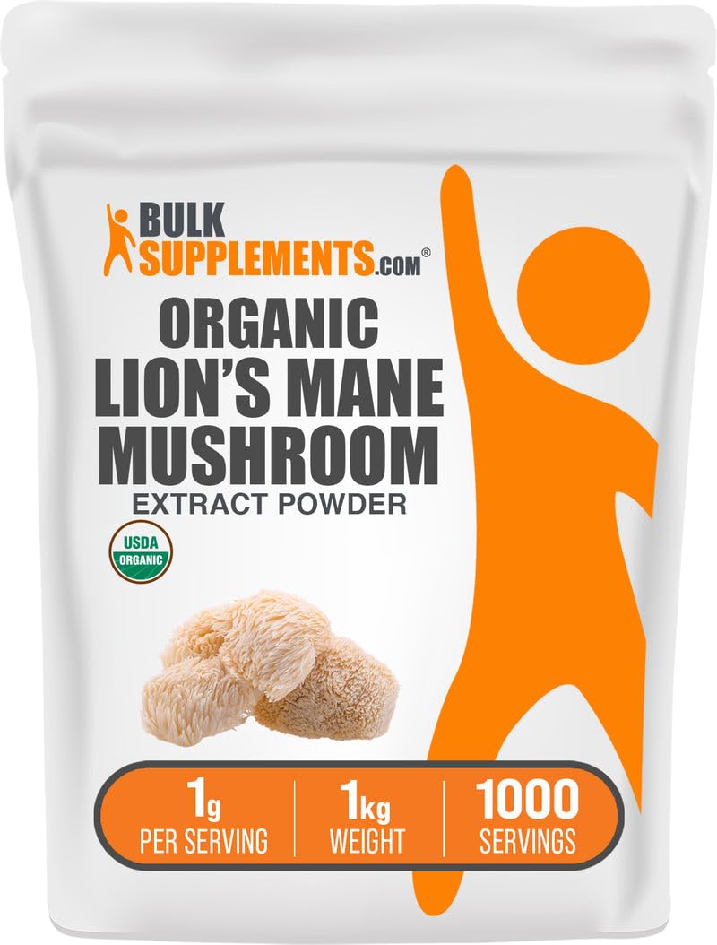 BulkSupplements Organic Lion's Mane powder bottle for daily wellness.