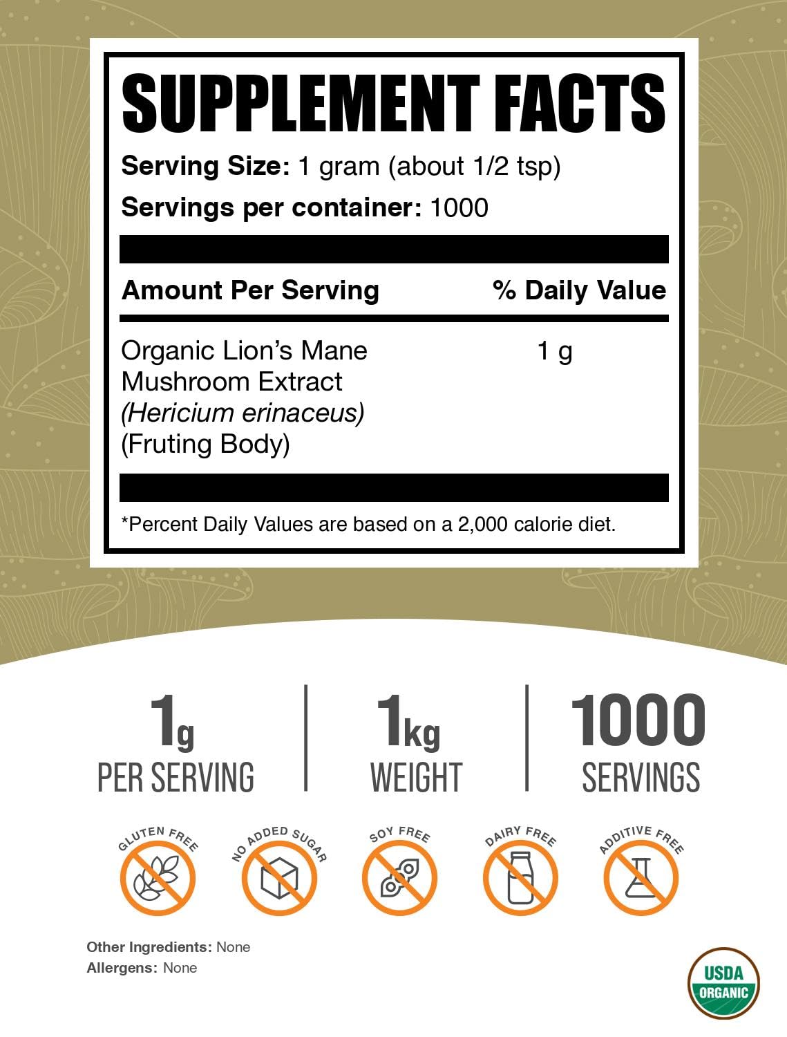 BulkSupplements Lion's Mane powder scoop beside smoothie ingredients supports easy mixing.