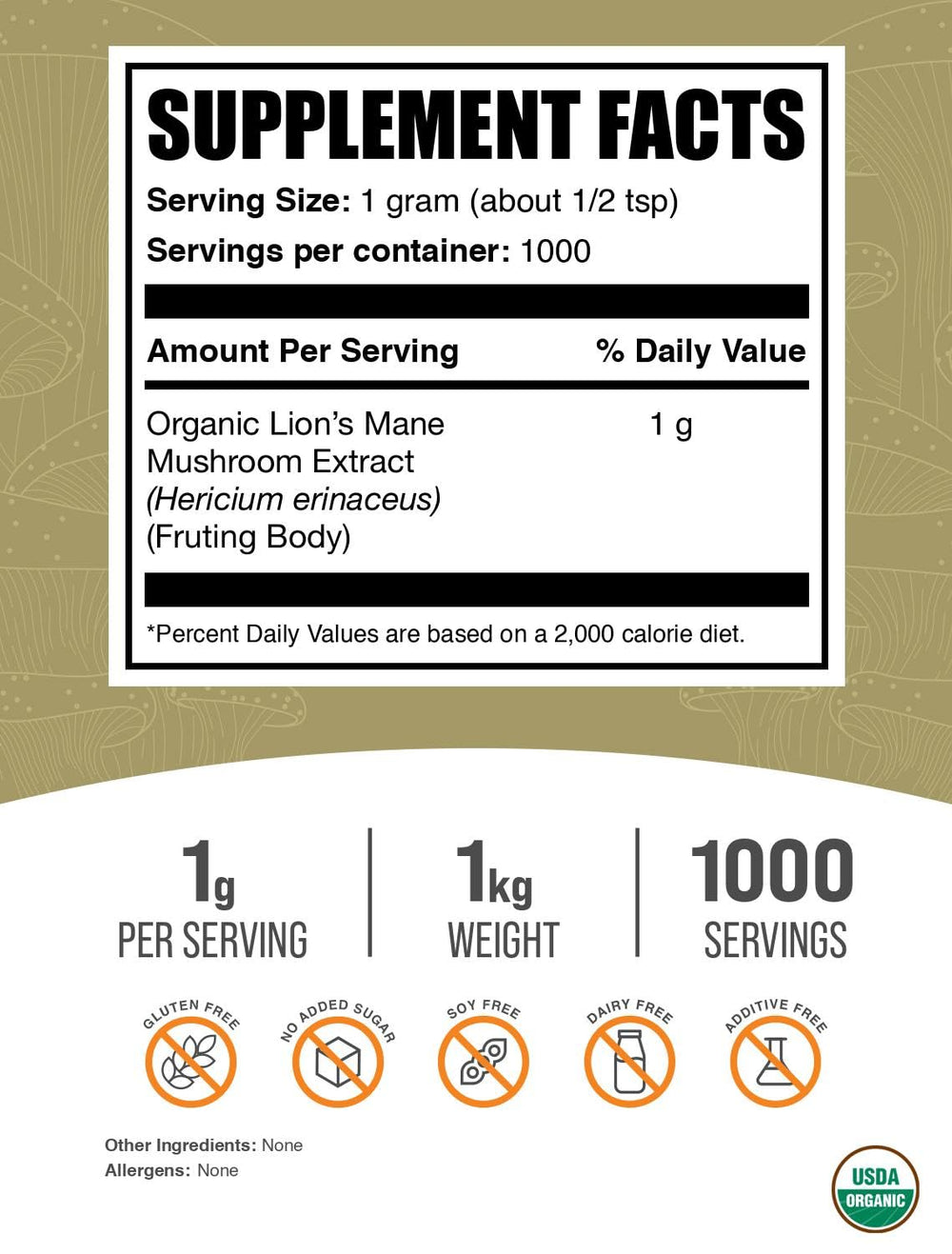 BulkSupplements Lion's Mane powder scoop beside smoothie ingredients supports easy mixing.