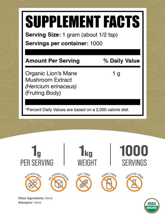 BulkSupplements Lion's Mane powder scoop beside smoothie ingredients supports easy mixing.