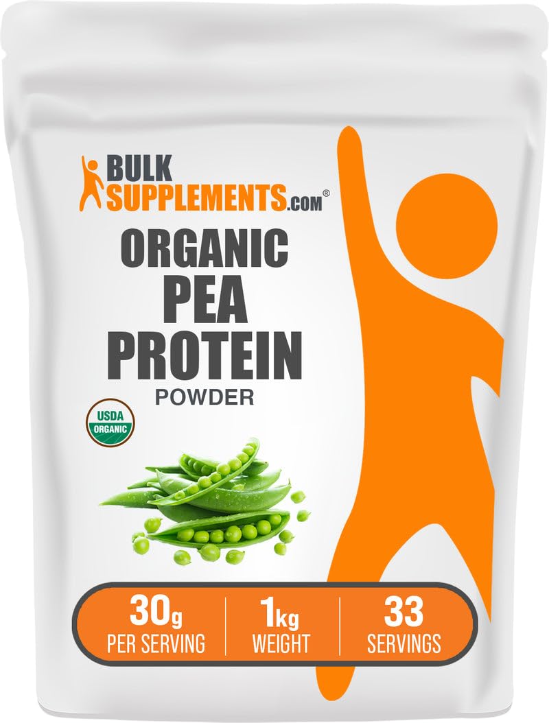 BulkSupplements Organic Pea Protein Powder bottle shows unflavored, gluten-free protein for versatile use.