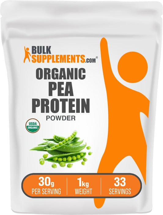 BulkSupplements Organic Pea Protein Powder bottle shows unflavored, gluten-free protein for versatile use.