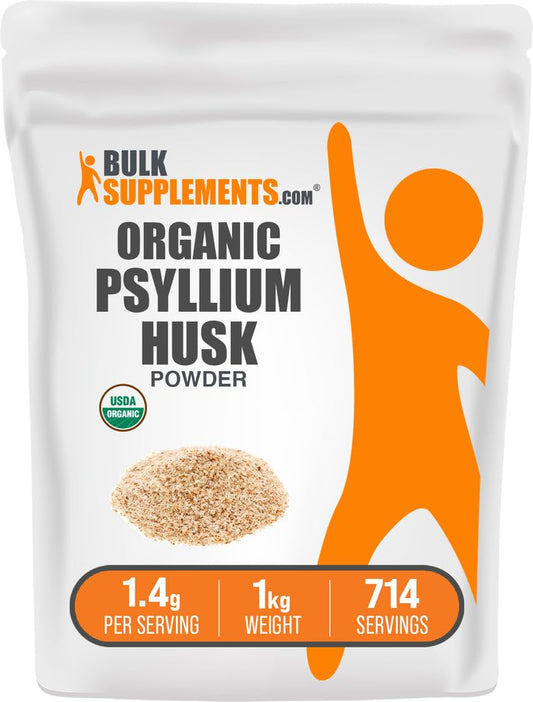 BulkSupplements Organic Psyllium Husk Powder bottle shows gluten-free fiber option for baking