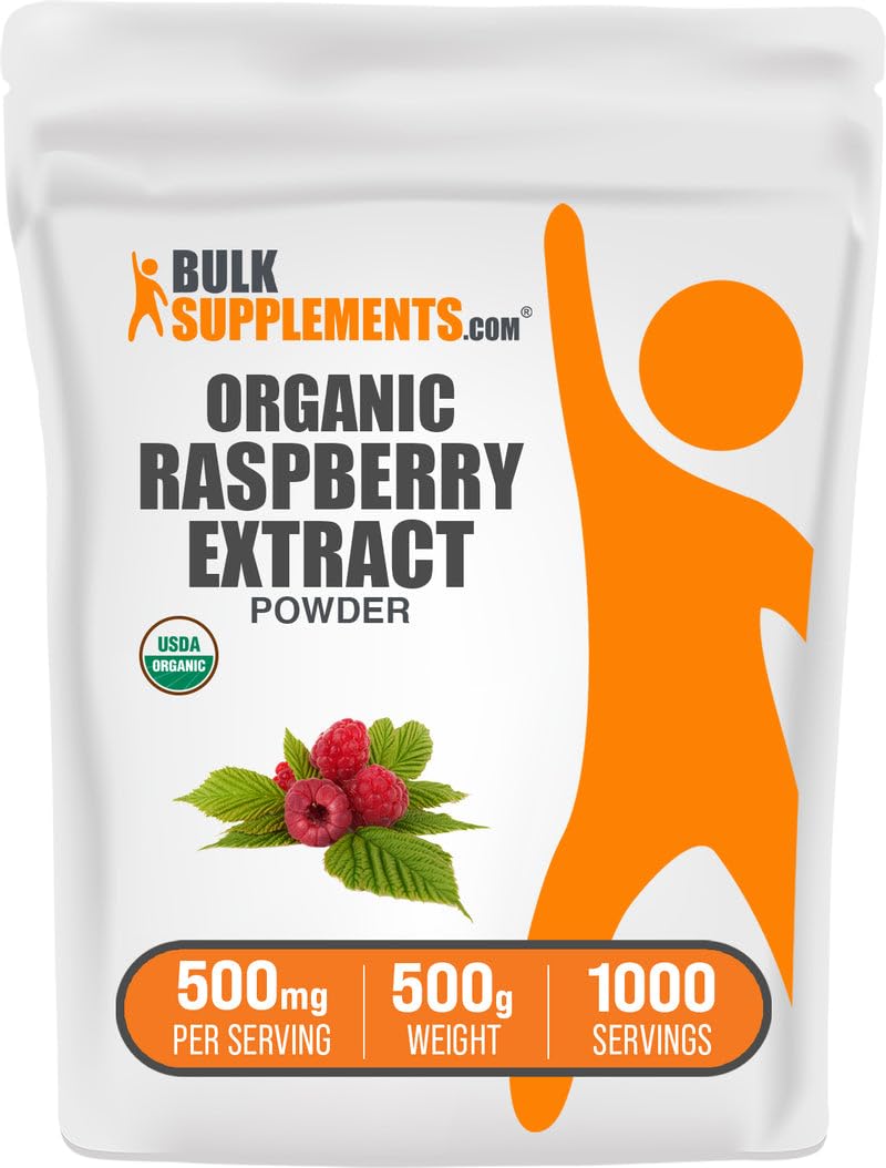 BulkSupplements Organic Raspberry Extract Powder jar closeup for premium antioxidant source.