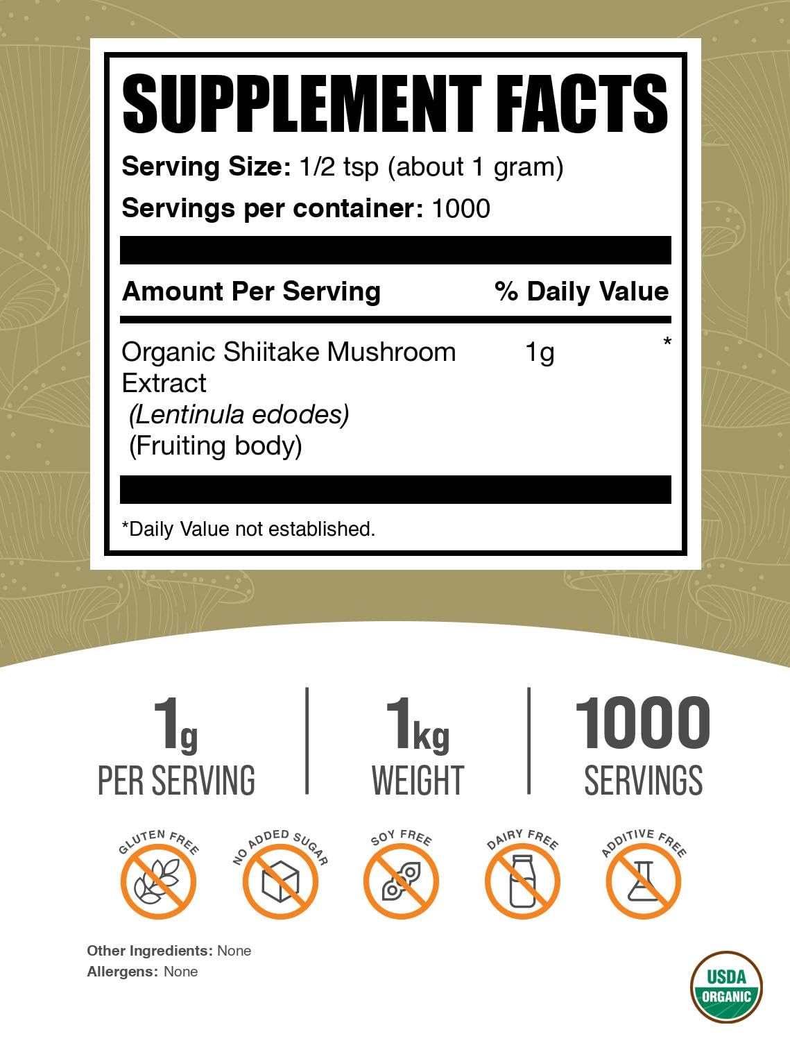 BulkSupplements Organic Shiitake powder jar close-up highlights quality and versatile wellness use