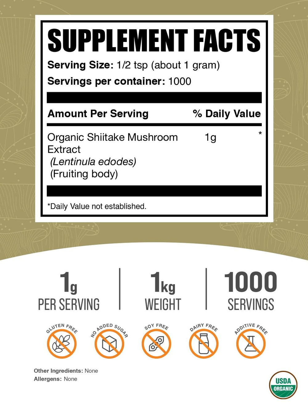 BulkSupplements Organic Shiitake powder jar close-up highlights quality and versatile wellness use