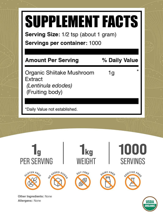 BulkSupplements Organic Shiitake powder jar close-up highlights quality and versatile wellness use