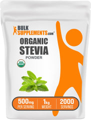 BulkSupplements Organic Stevia Powder bottle pour for zero-calorie sweetness in drinks.