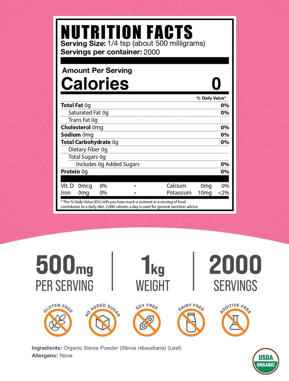 BulkSupplements Organic Stevia Powder package front highlights vegan and gluten-free sweetness.