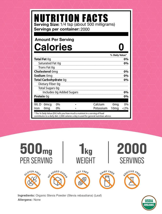 BulkSupplements Organic Stevia Powder package front highlights vegan and gluten-free sweetness.