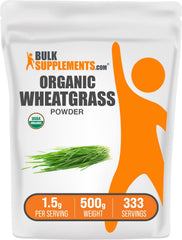 BulkSupplements Organic Wheatgrass Powder bottle for daily vegan greens support.