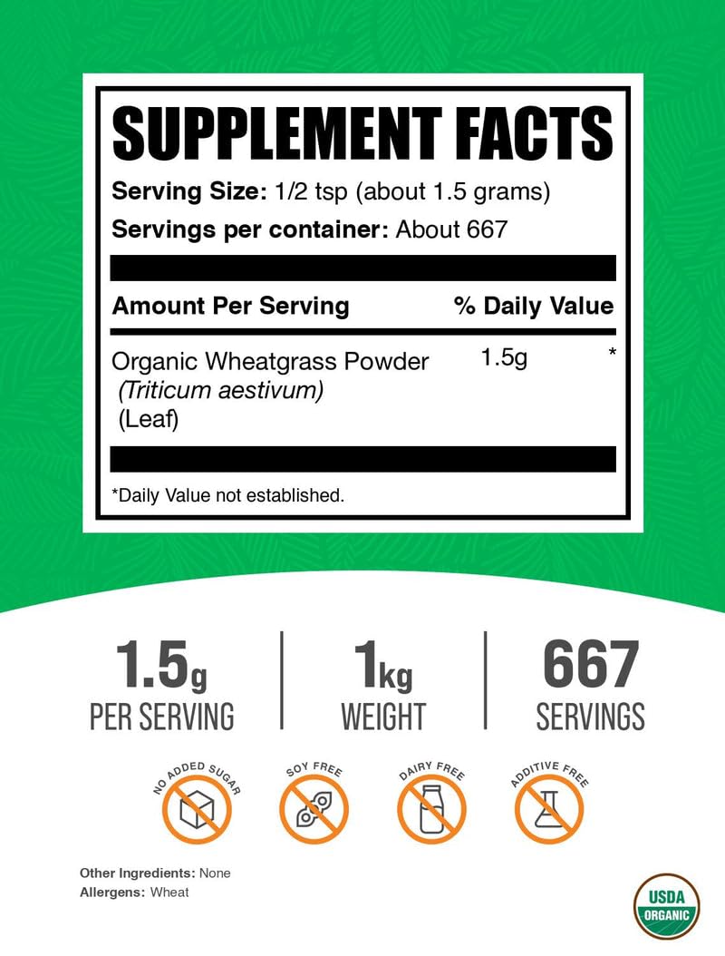 BulkSupplements Organic Wheatgrass Powder scoop showing convenient daily serving