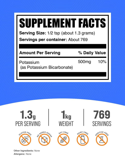 BulkSupplements Potassium Bicarbonate powder scoop for measuring serving size.
