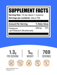 BulkSupplements Potassium Bicarbonate powder scoop for measuring serving size.