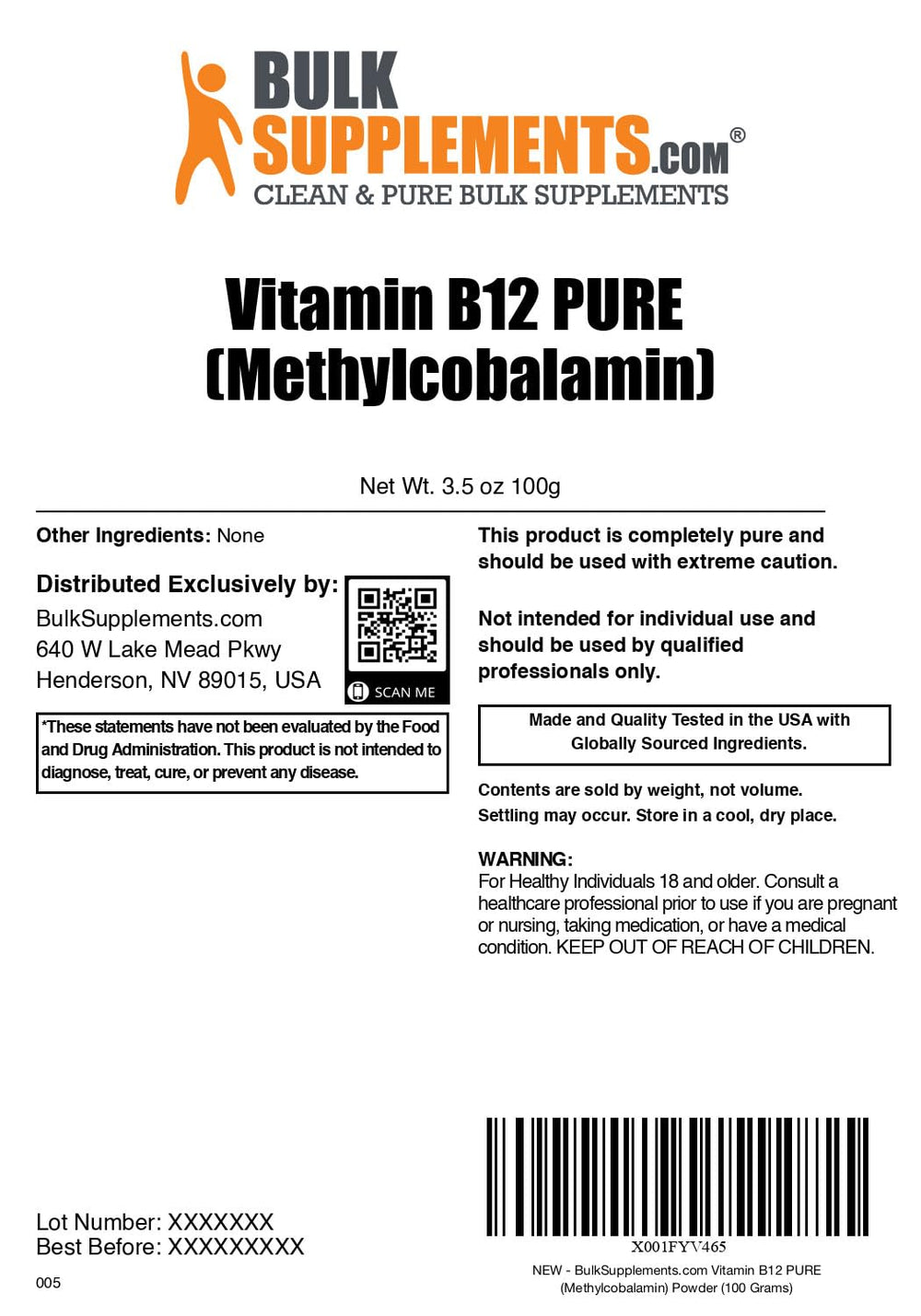 BulkSupplements vitamin B12 methylcobalamin powder dispense for accurate measurements