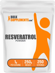BulkSupplements Resveratrol powder bottle shows gluten-free antioxidant support for daily wellness.