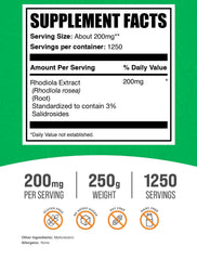 Front-label view of BulkSupplements Rhodiola extract powder highlighting gluten-free formulation.