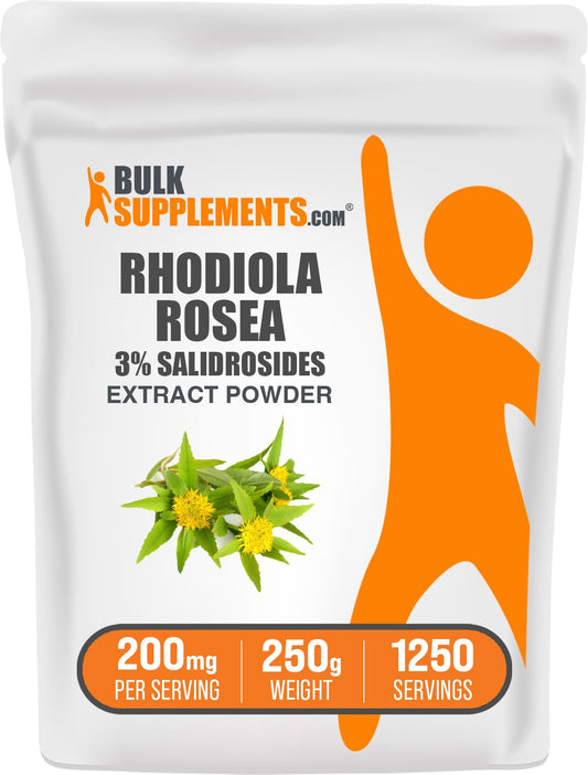 BulkSupplements Rhodiola extract powder jar shows 3% salidrosides for daily resilience.