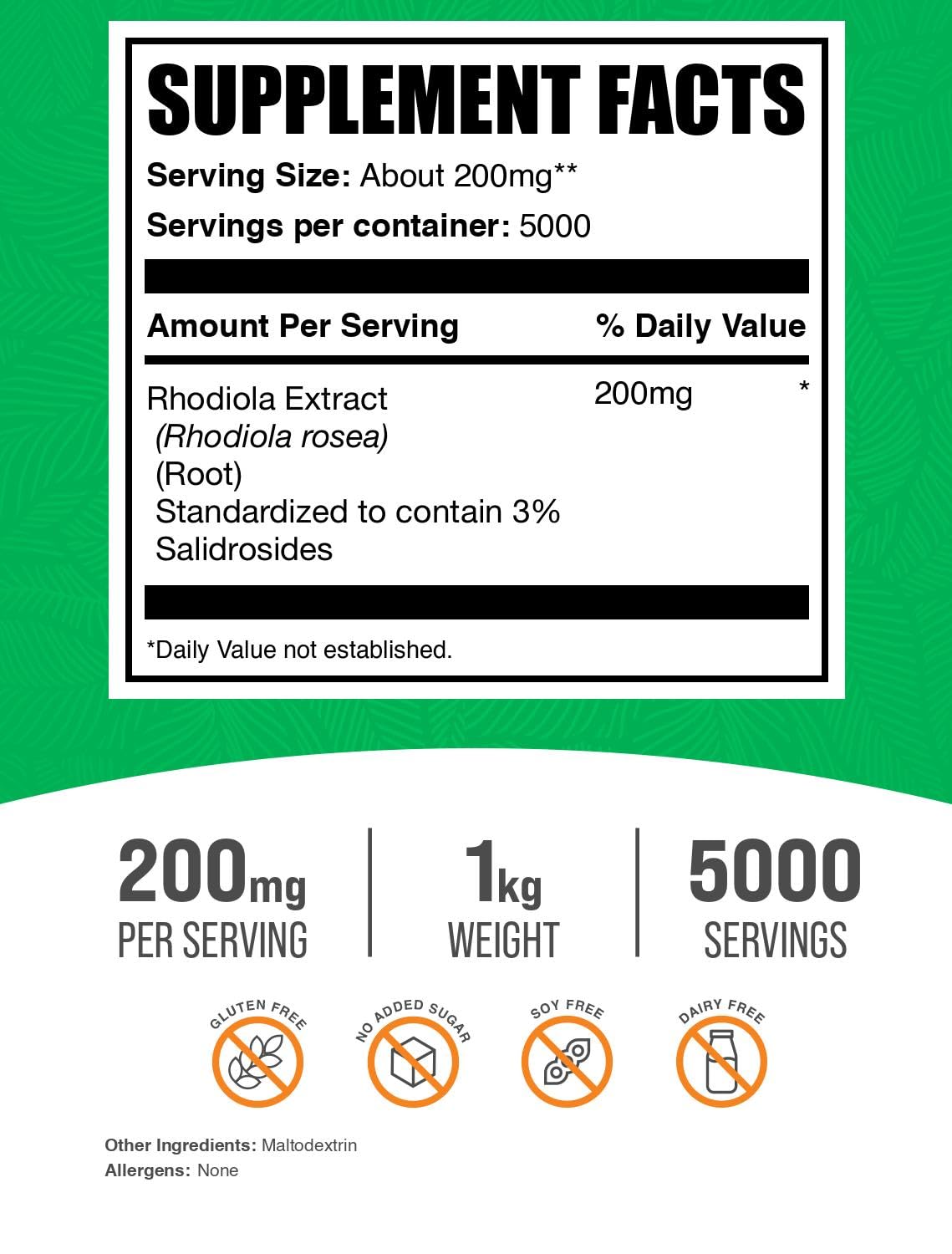 BulkSupplements Rhodiola Extract Powder jar label highlights 3% salidrosides content.