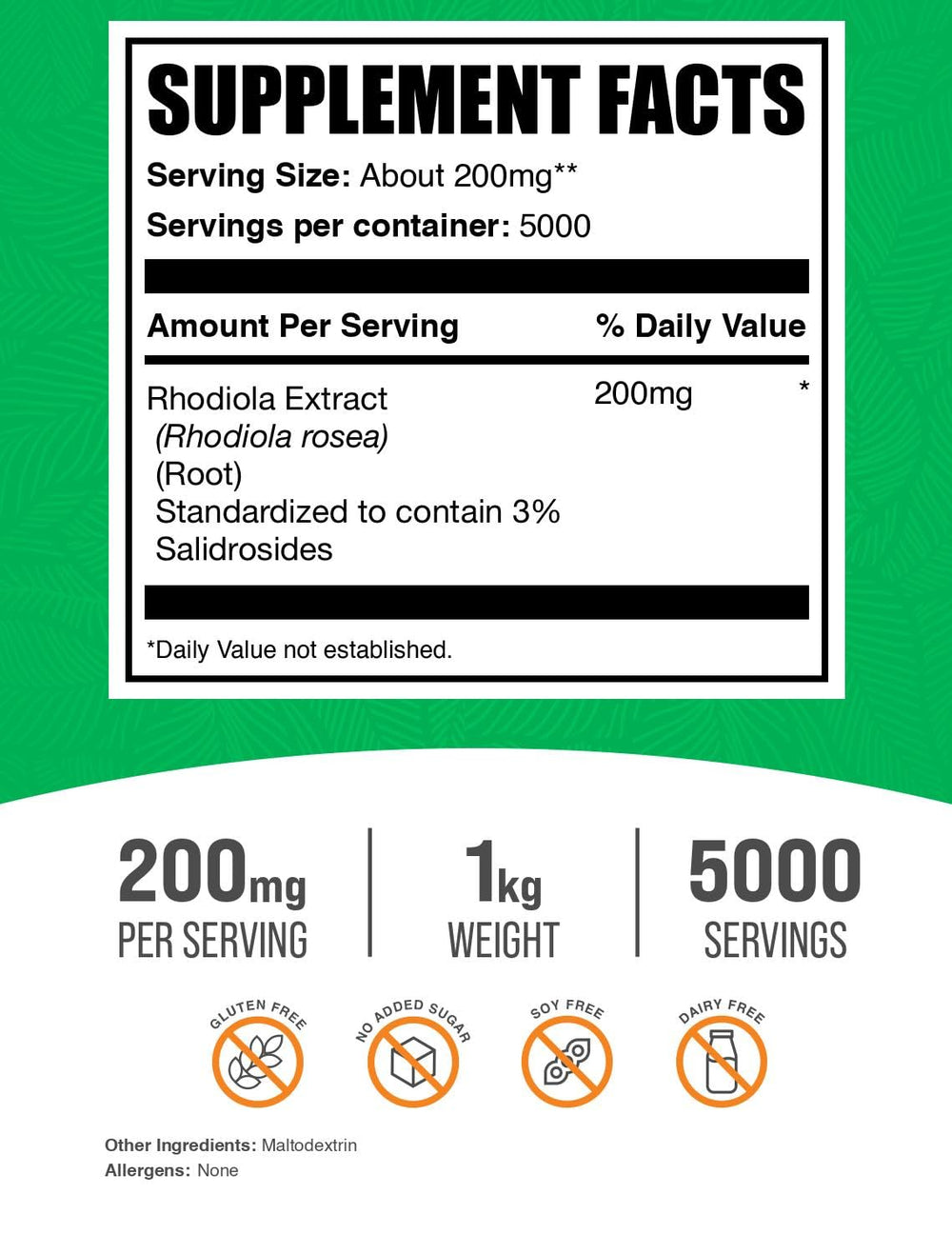 BulkSupplements Rhodiola Extract Powder jar label highlights 3% salidrosides content.