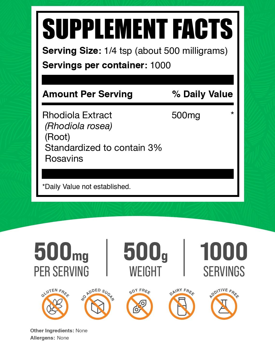 Rhodiola Rosea Extract serving scoop highlighting 500 mg portions for dosing