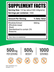 Rhodiola Rosea Extract serving scoop highlighting 500 mg portions for dosing