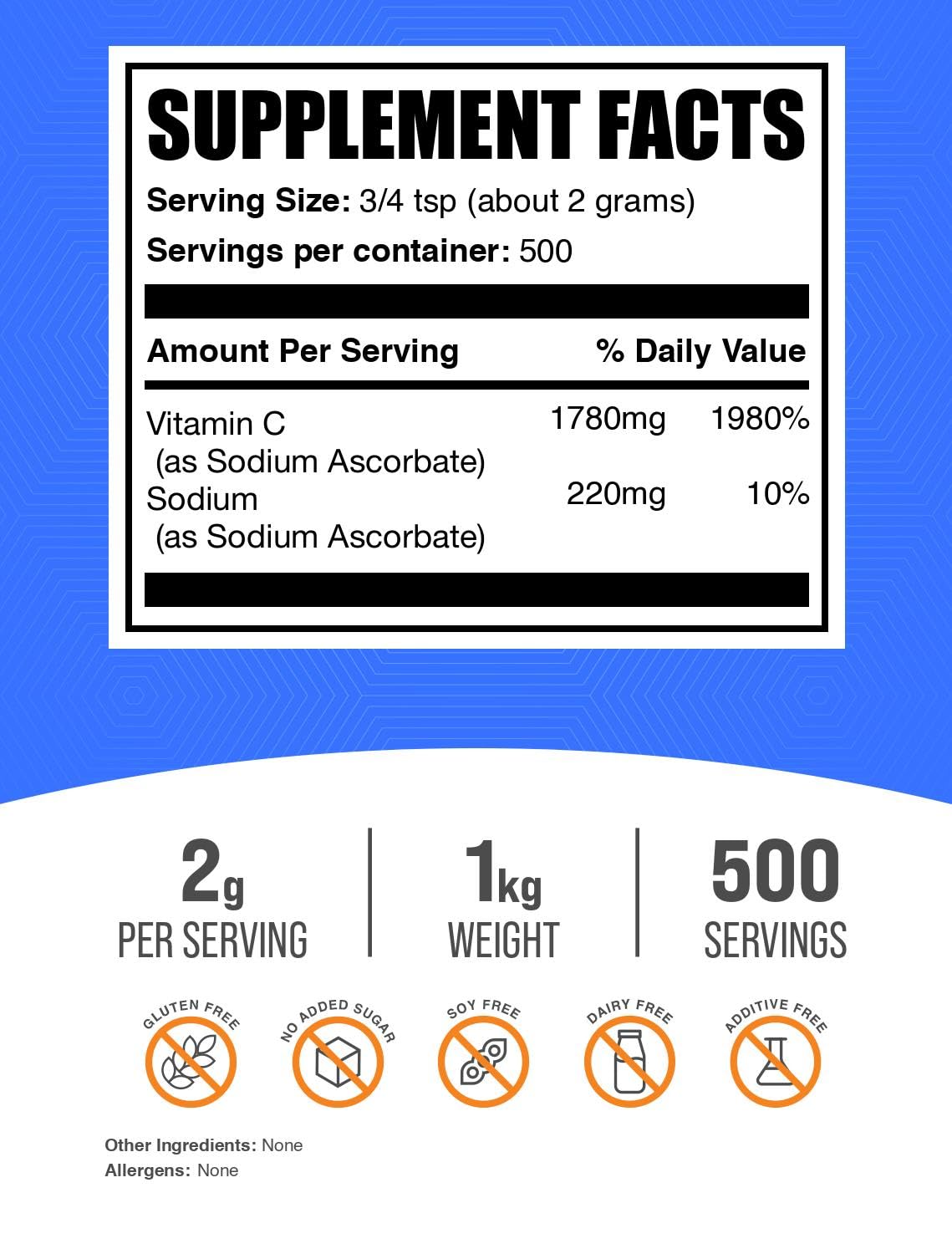 BulkSupplements sodium ascorbate bottle label highlights gluten-free, buffered vitamin C formula