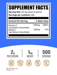 BulkSupplements sodium ascorbate bottle label highlights gluten-free, buffered vitamin C formula