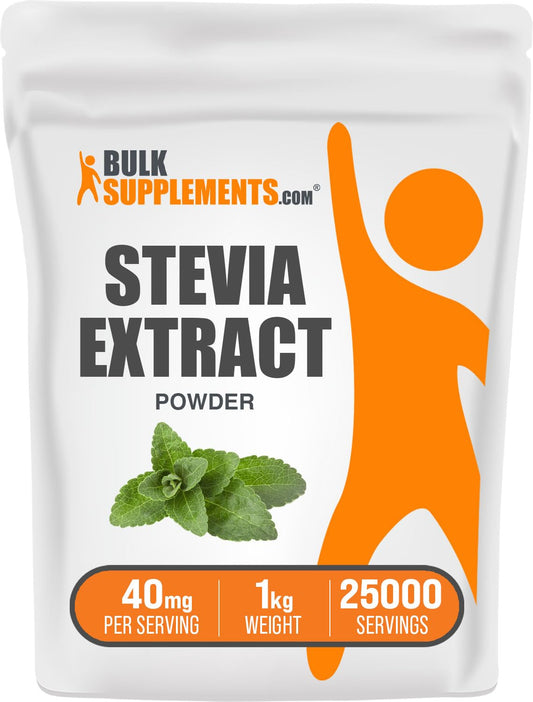 BulkSupplements Stevia Extract Powder jar shows zero-calorie sweetness in a glossy container.