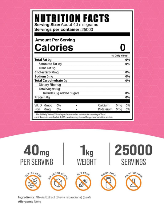 BulkSupplements Stevia Extract Powder package on a kitchen counter ready to use.