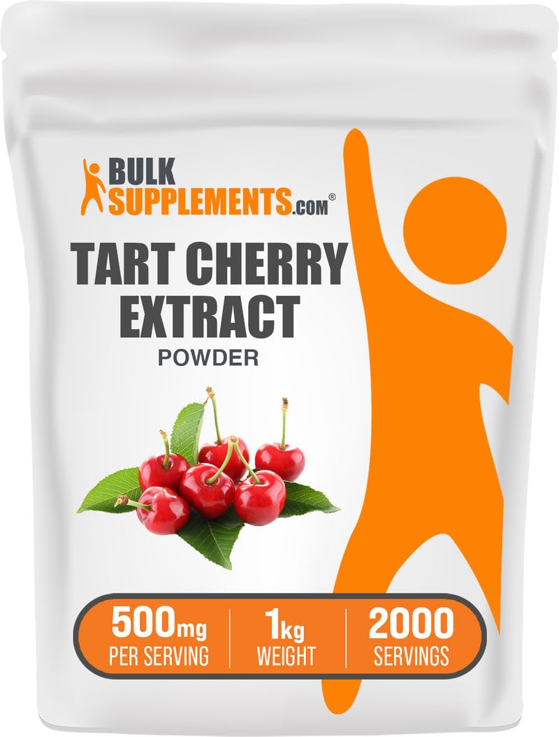 BulkSupplements Tart Cherry Extract powder bottle highlighting antioxidant support for daily wellness.