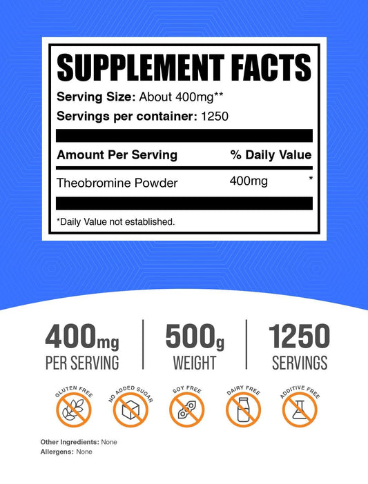Close-up of theobromine powder scoop showing precise 400 mg serving.