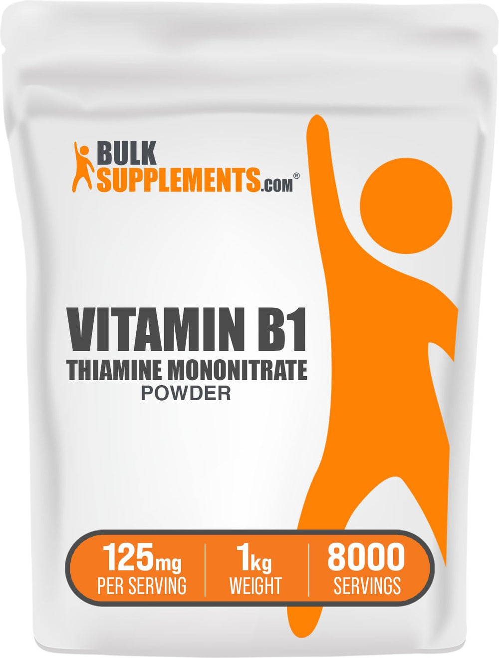 BulkSupplements Thiamine Mononitrate powder bottle closeup highlighting clear label and quality.