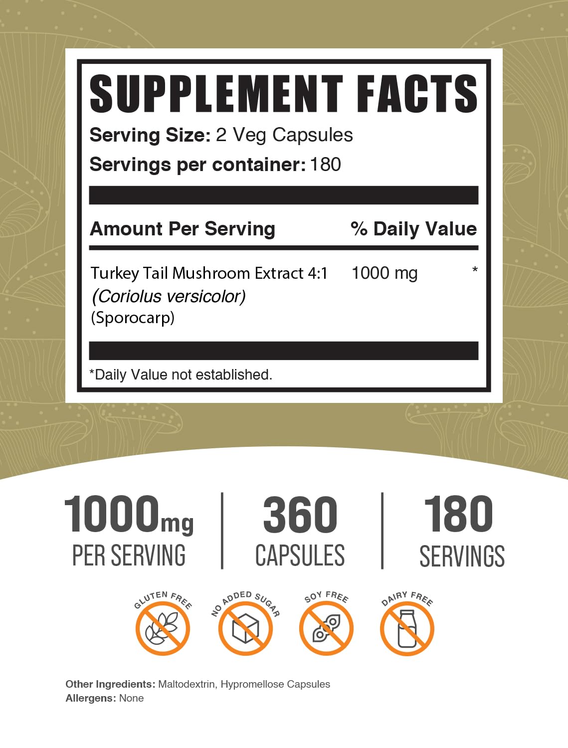 BulkSupplements Turkey Tail capsules label shows ingredients and gluten-free, vegan-friendly formulation.