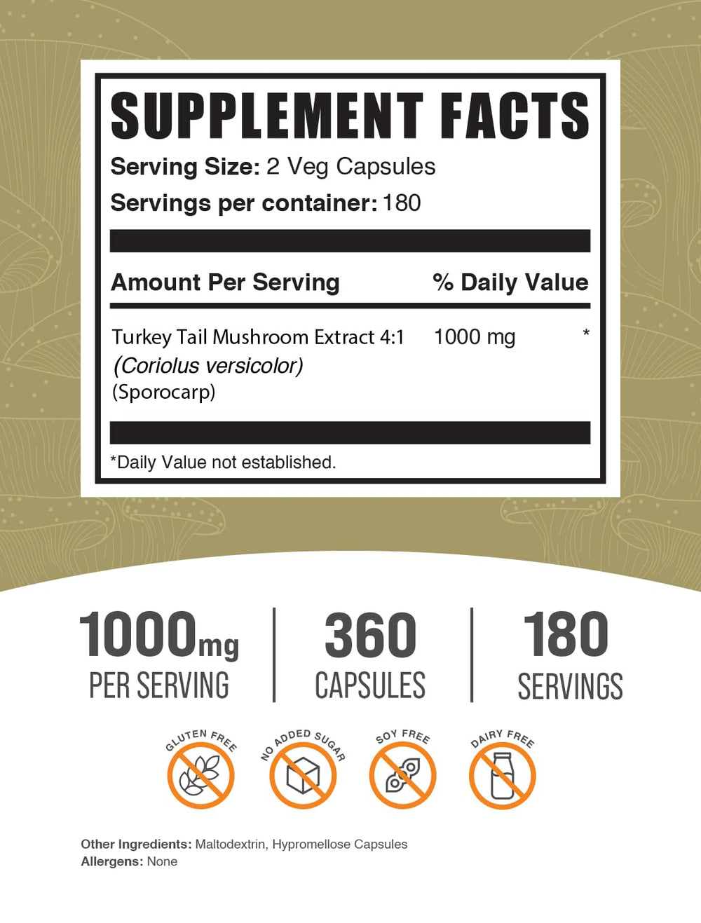 BulkSupplements Turkey Tail capsules label shows ingredients and gluten-free, vegan-friendly formulation.