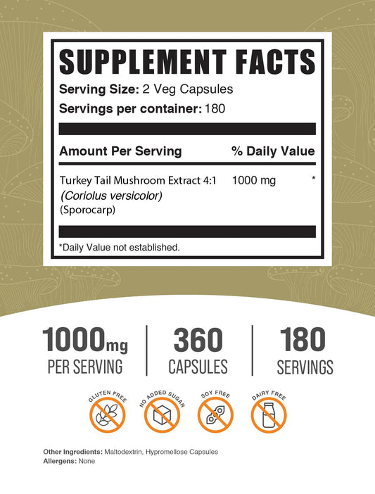 BulkSupplements Turkey Tail capsules label shows ingredients and gluten-free, vegan-friendly formulation.
