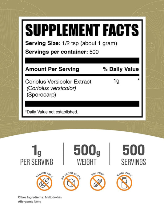 BulkSupplements Turkey Tail extract powder scoop highlights convenient daily servings.