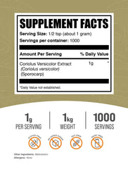 BulkSupplements Turkey Tail Mushroom Extract Powder with scoop facilitates easy servings.
