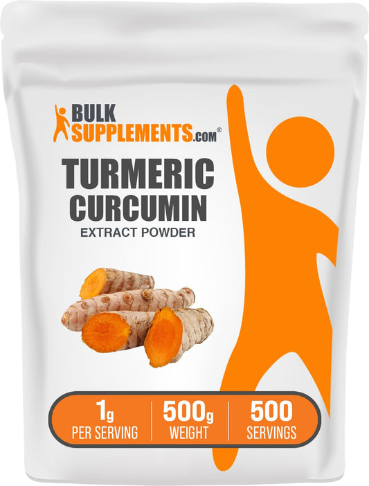 BulkSupplements Turmeric Extract Powder bottle front view, gluten-free turmeric for daily wellness.
