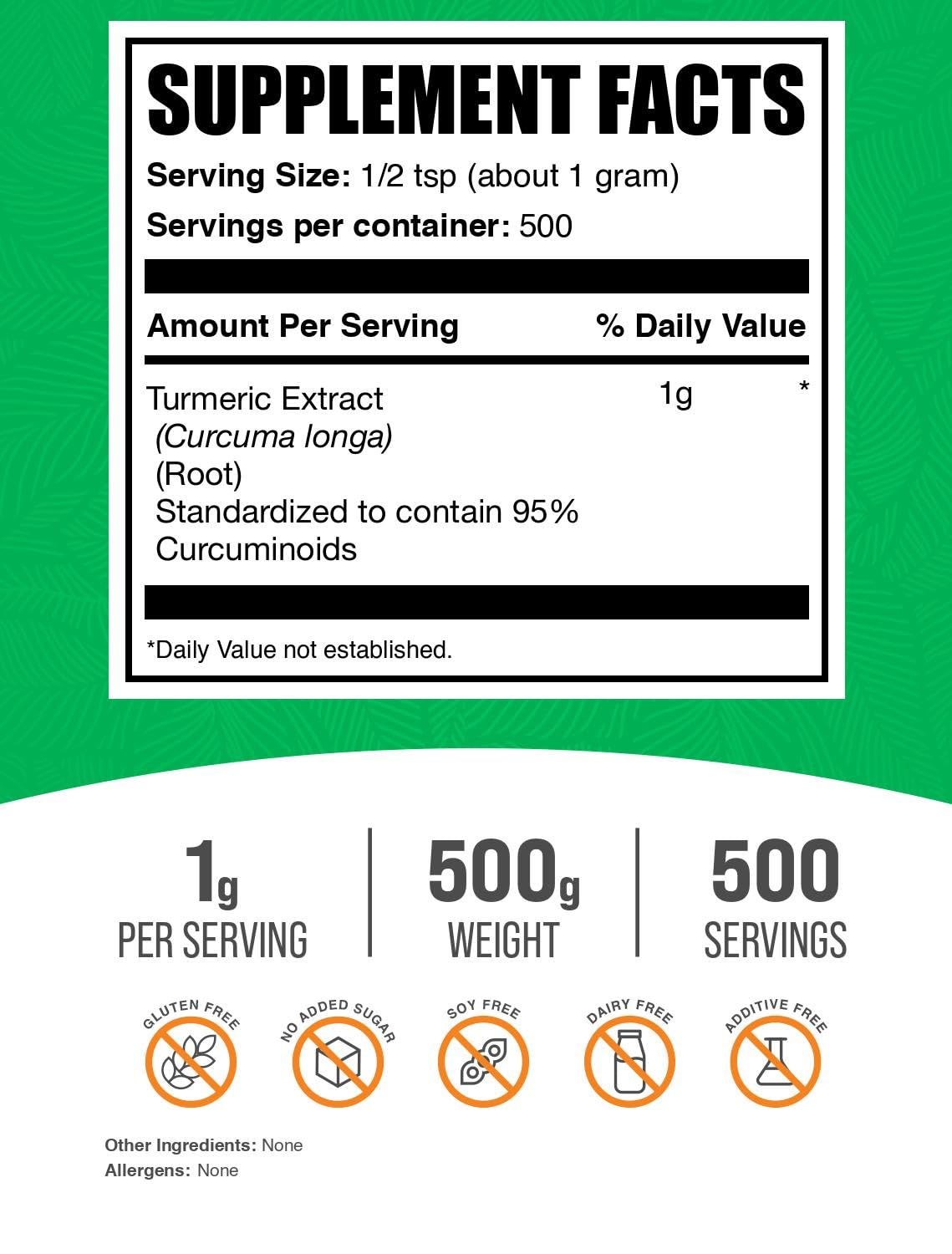BulkSupplements Turmeric Extract Powder bottle side view, convenient daily supplement.