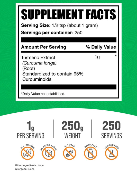 BulkSupplements Turmeric Extract Powder with measuring spoon for easy serving.