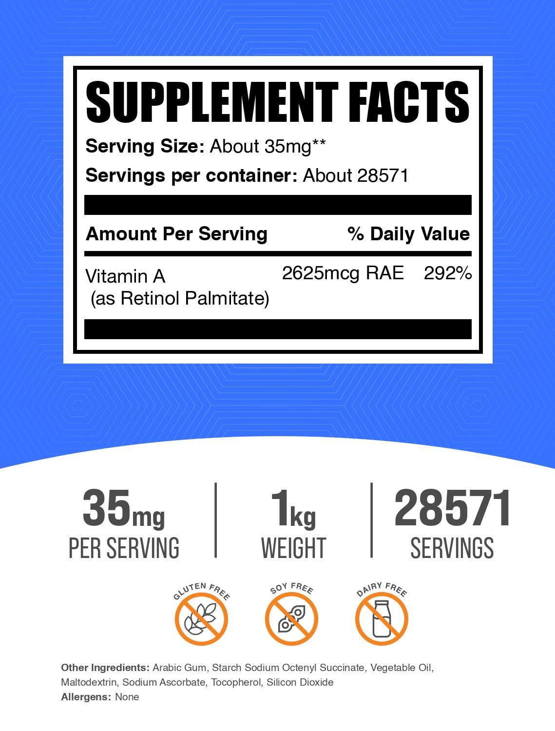BulkSupplements Vitamin A Palmitate powder jar closeup highlighting texture and powder quality.