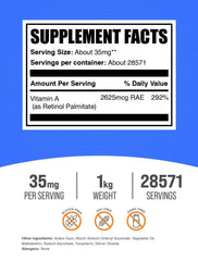BulkSupplements Vitamin A Palmitate powder jar closeup highlighting texture and powder quality.