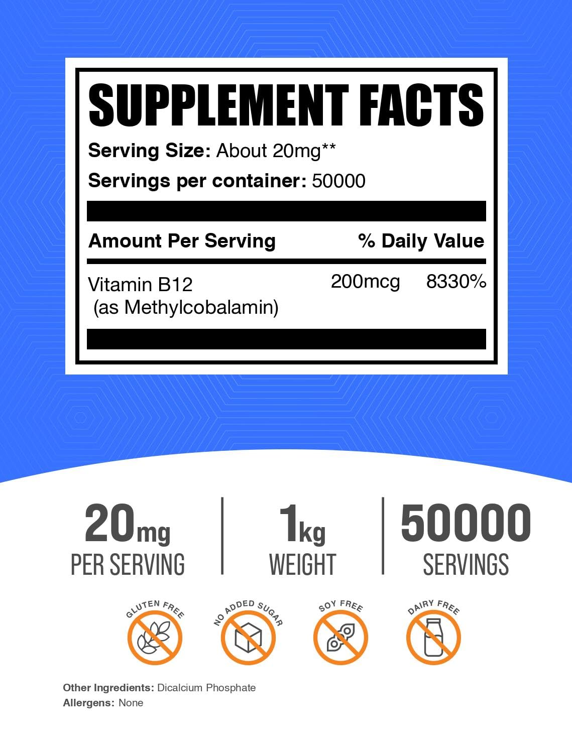 BulkSupplements Vitamin B12 Methylcobalamin powder with a measuring scoop makes daily dosing simple.