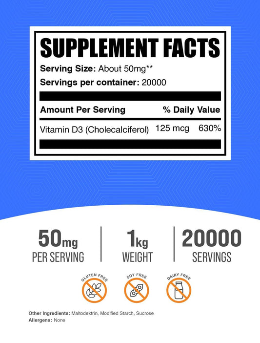 BulkSupplements Vitamin D3 powder scoop shows precise measurement.