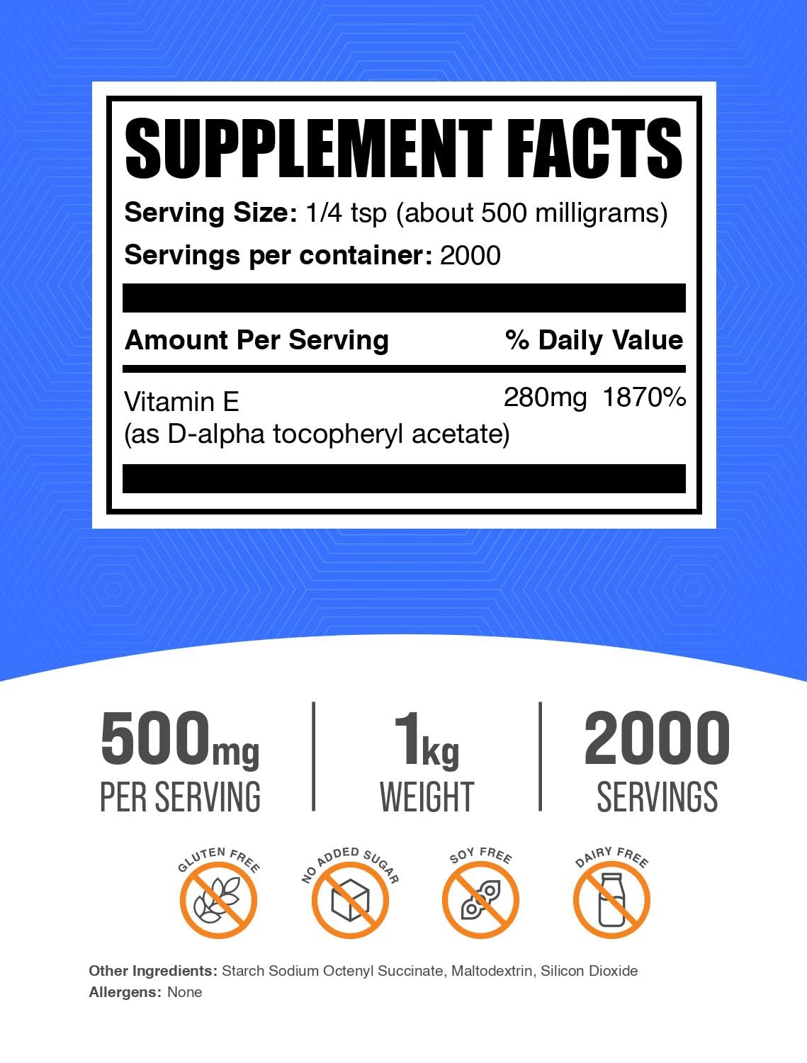 BulkSupplements Vitamin E 400 IU powder packaging highlighting gluten free quality.
