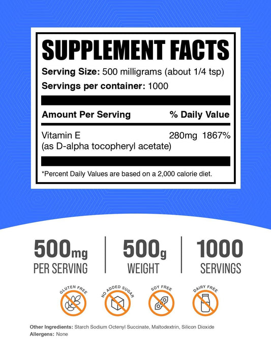 BulkSupplements Vitamin E 400 IU powder scoop for precise measuring.
