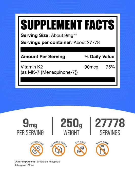 Scoop of BulkSupplements Vitamin K2 MK-7 powder ready to mix.