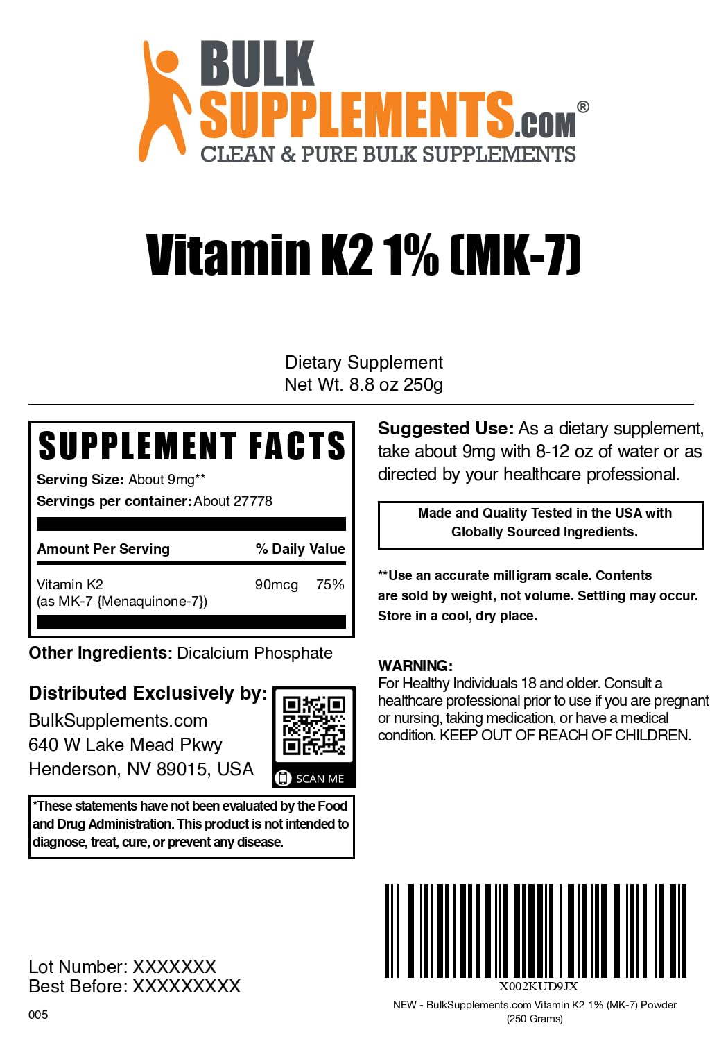 Storage tub of BulkSupplements Vitamin K2 MK-7 powder for freshness.